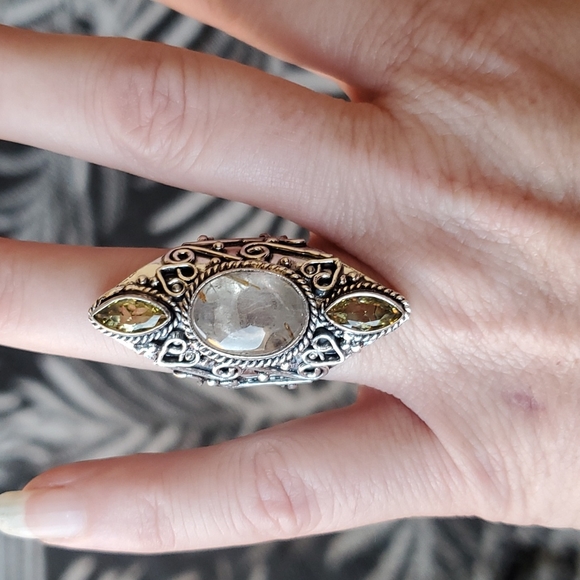 New Golden Rutile and Citrine 925 Silver Statement Ring. - Picture 7 of 8